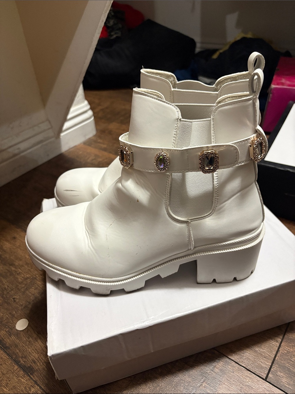 White Women's Chelsea Boot with Gem-Embellished Strap- size 43 fits like a 10